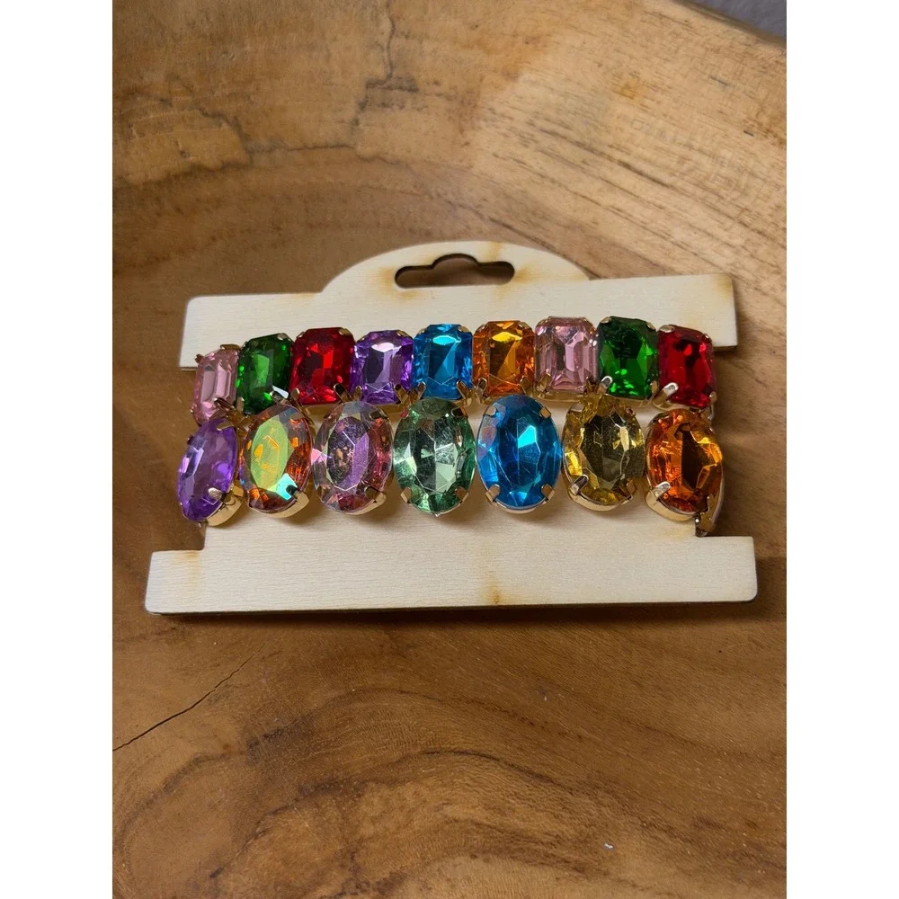 Rainbow Rhinestone Stretch Bracelet Set Gold Tone Emerald Oval Cut Crystal 2pc‎